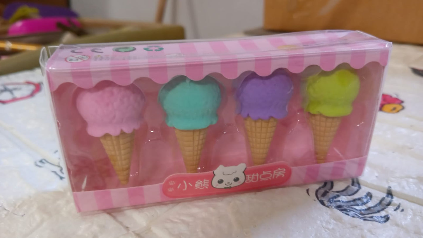Cone Eraser for Girls & Boys / Eraser for School B'Day Return Gift Party Doughnut Lollipop Ice Cream Theme Shape Erasers Pencils Set for Kids Educational Stationary kit, School Supplies (1 Set 4 Pc) - Springkart