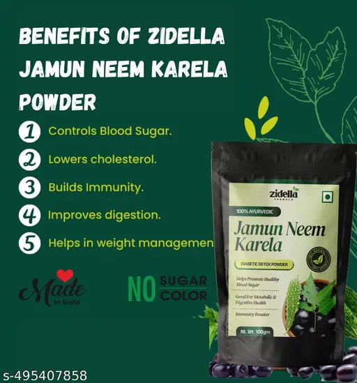 Zidella Diabic Care Neem Jamun Karela Powder | Clinically Proven for results in 3 months| Safe, Natural & 100% Ayurvedic | Helps maintain Healthy Glucose Metabolism |Salacia for Healthy Sugar Management- 100GM