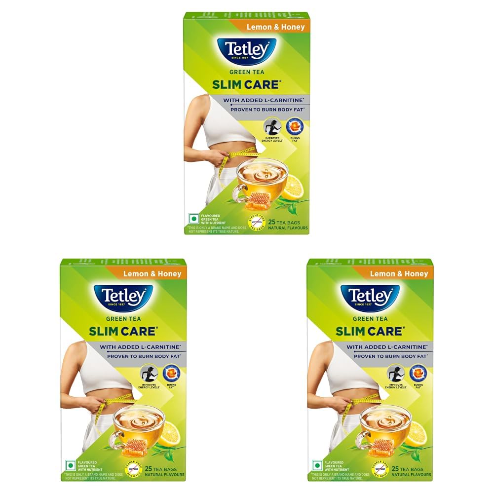 Tetley Green Tea Slim Care, With Added L-Carnitine, Helps Burn Body Fat, Boosts Energy, Low Calories, Delicious Natural Lemon and Honey Flavours, Makes 25 cups