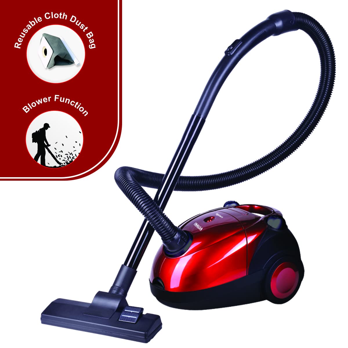 INALSA Vacuum Cleaner for Home Spruce-1200W| with Blower Function| Reusable Cloth dust Bag| Multiple Accessories | Dust Full Indicator | 2 Year Warranty (Red/Black)