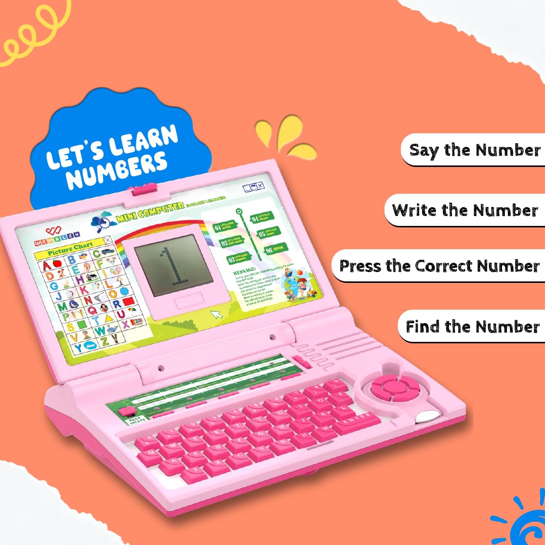 Wembley Educational Laptop for Kids Toys for 2-5 Years Learning Activity Computer Educational Toy for 3 Years Old Boy Learn Alphabet,Letter,Words,Games,Mathematics,Music,Logic Memory Tool,Multicolour