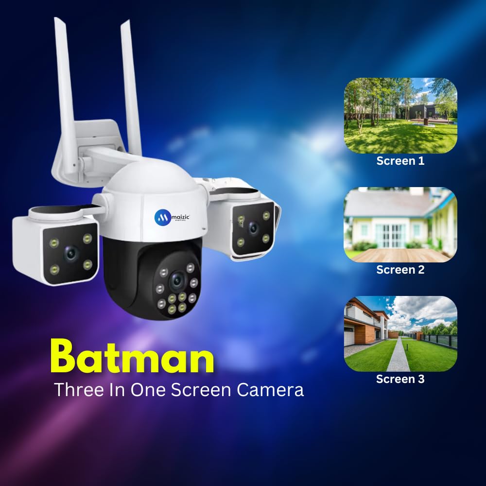 Maizic Smarthome Batman 4G Sim Based 6MP HD 3in1 Screen View CCTV Camera, Outdoor Indoor Home Security Camera, 2 Way Talk, Motion Detection, Color Night Vision, 2 Side Camera Horizontally Rotate 180°