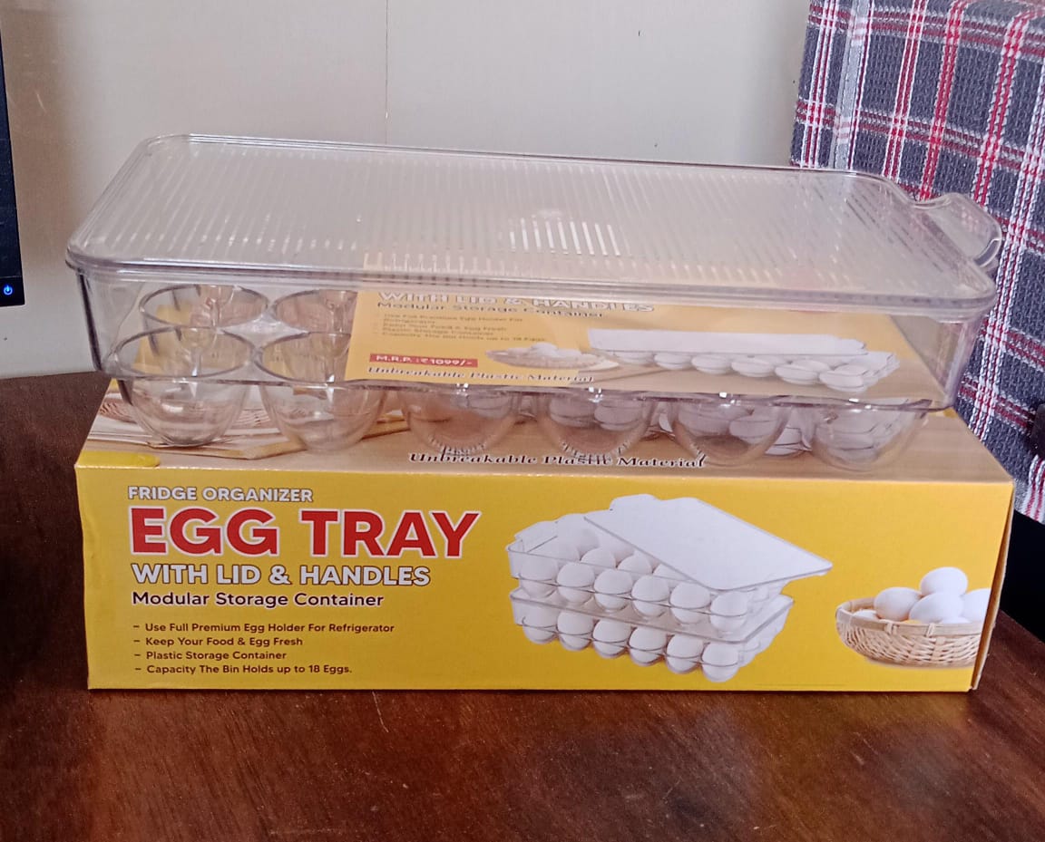 Plastic 18 Cavity Egg Storage Box Or Egg Trays For Refrigerator With Lid & Handles High Quality, Rectangular Egg Tray Box For 18 Egg (1 Pc) - Springkart