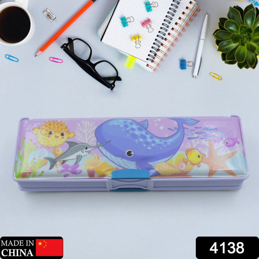 Multipurpose Compass Box, Plastic Double Deck Pencil Case with 2 Compartments, Supplies Utility Box Storage Organizer, Pencil Box for School, Cartoon Printed Pencil Case for Kids, Birthday Gift for Girls & Boys - Springkart