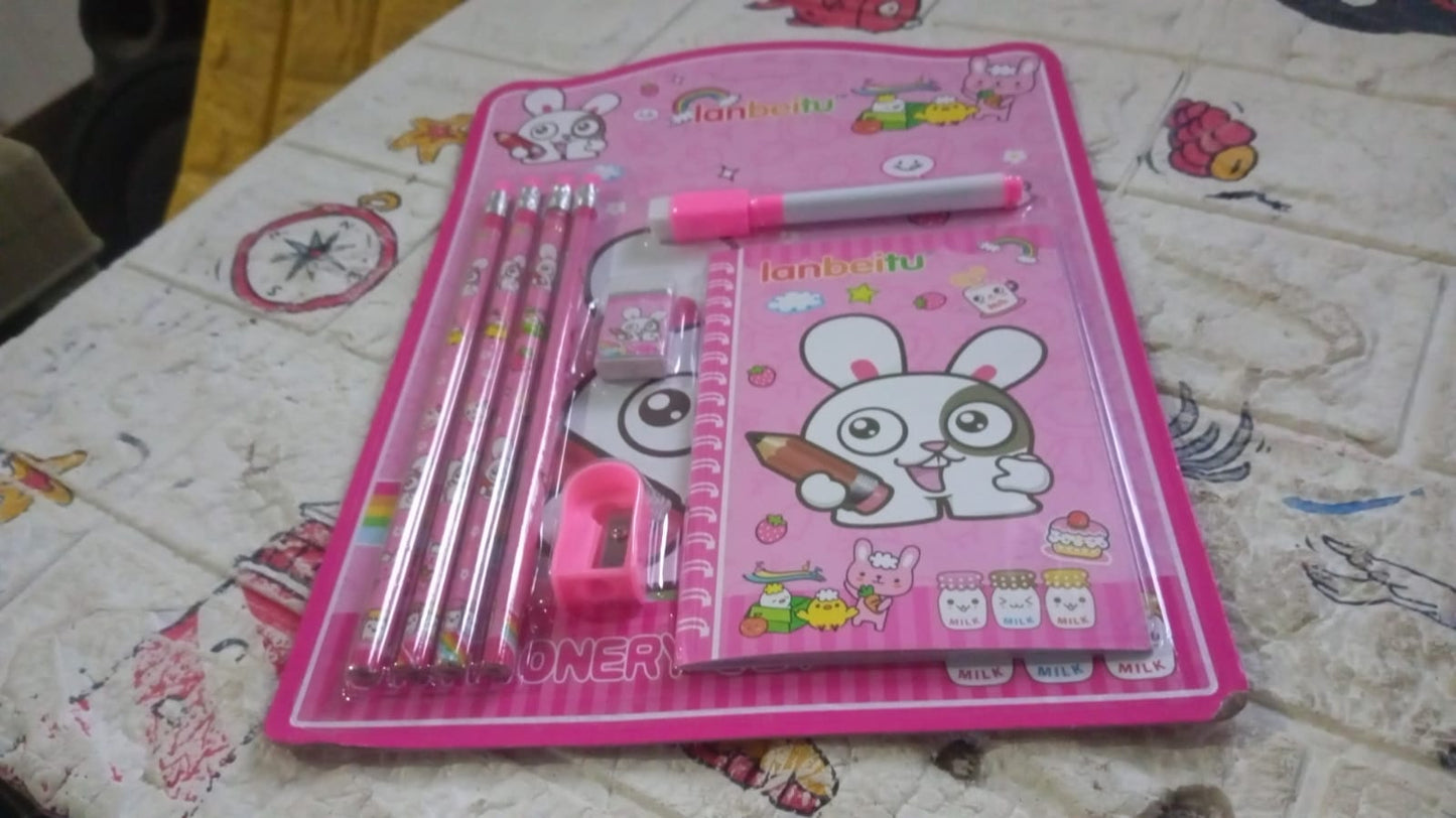 Kids' Stationery Kit: Wooden Pencils, Sharpener, Eraser, Diary (8 Pc Set) - Springkart