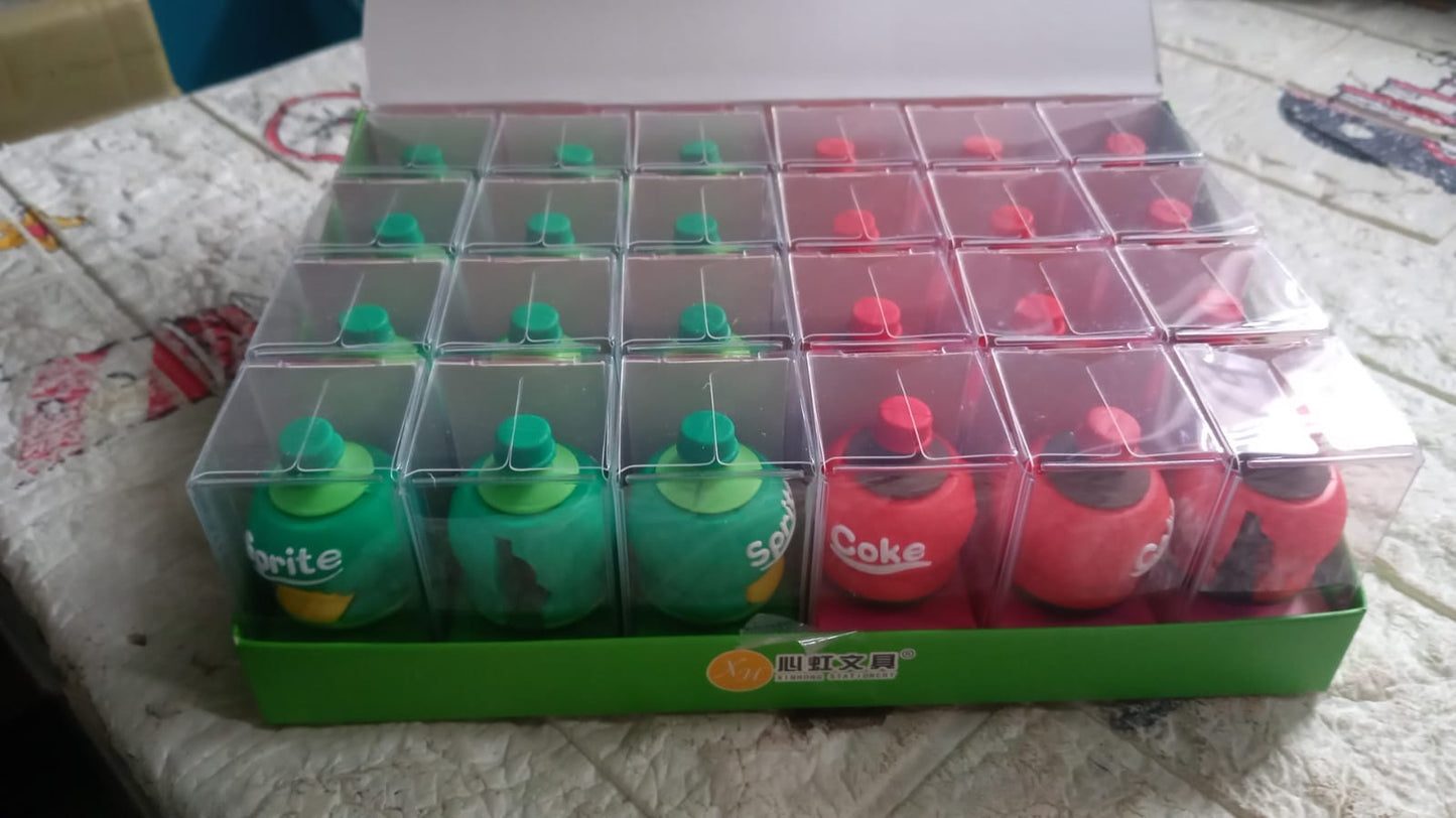 2-in-1 3D Cold Drink Bottle Shape Rubber Pencil Sharpener and Eraser Set, Stationery for Kids School Boys Girls, Birthday Return Gifts (24 Pcs Set ) - Springkart