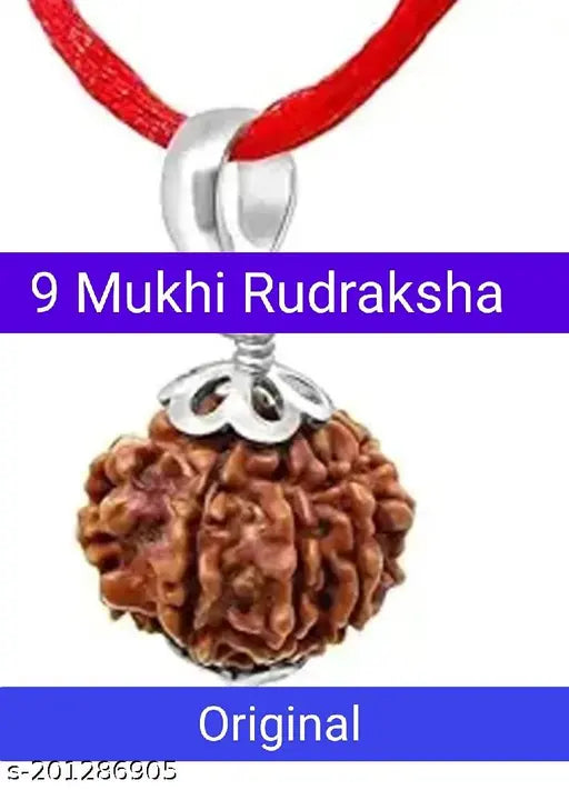 Nine/9 Mukhi Metal-capped Rudraksha Pendant With Red Dhaaga and Certificate - Springkart