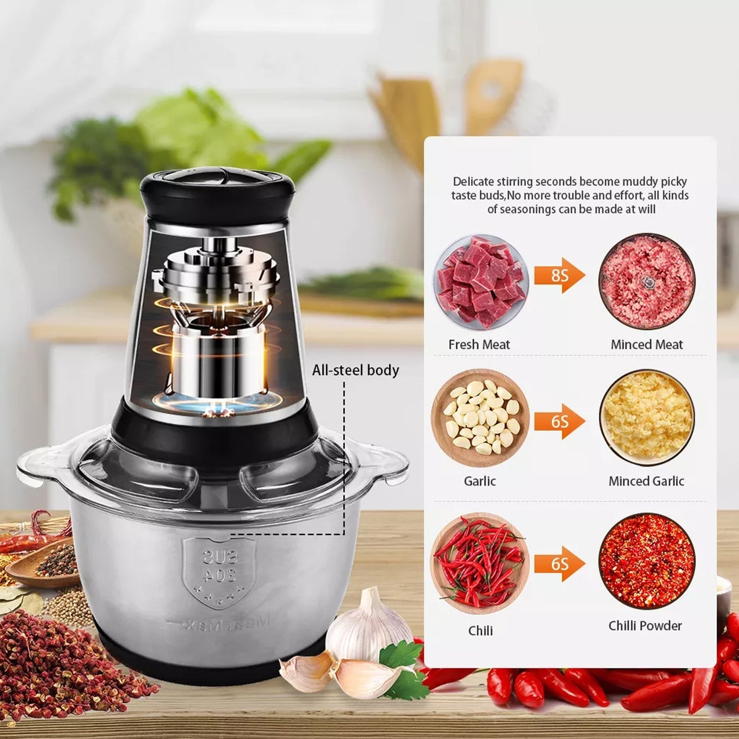 3Ltr Electric Food Processor Stainless Steel Onion Cutter Multi Chopper 2 Speed Levels 5 Blades Universal Chopper for kitchen - Springkart