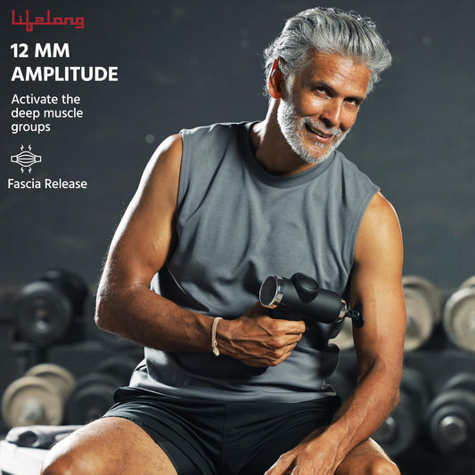 Lifelong Gun Massager for Pain Relief with 4 Heads & LCD Touch Display - Battery Powered - Deep Tissue with 6 Speed Settings for Percussion for Full Body (LLGM171, Black)