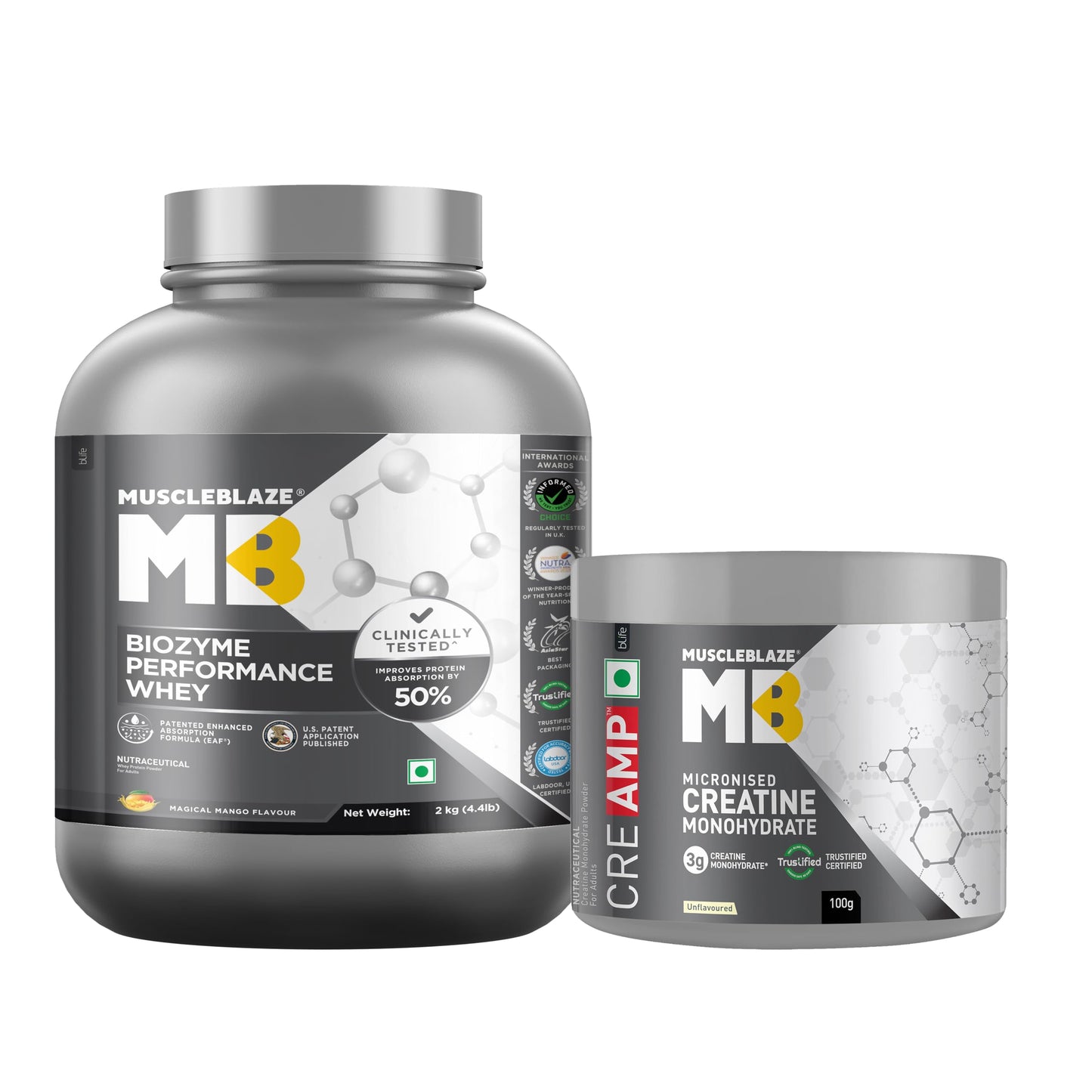 MuscleBlaze Biozyme Performance Whey Protein Powder, Chocolate Peanut Butter (2kg / 4.4lbs) | 25g Protein Per Scoop | Clinically Tested 50% Higher Protein Absorption