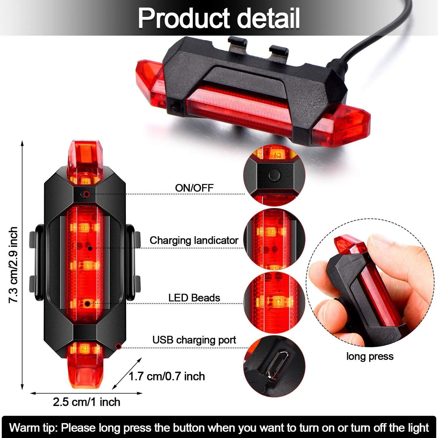 Rechargeable Bicycle Front Waterproof LED Light (Red) - Springkart