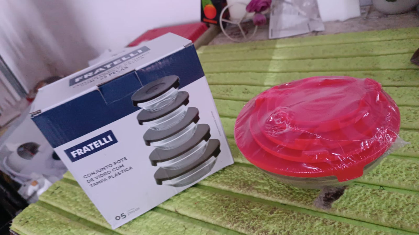Modern Glass Bowl Set, Mixing / Storage Bowls with Red Lids (5 Pcs Set) - Springkart