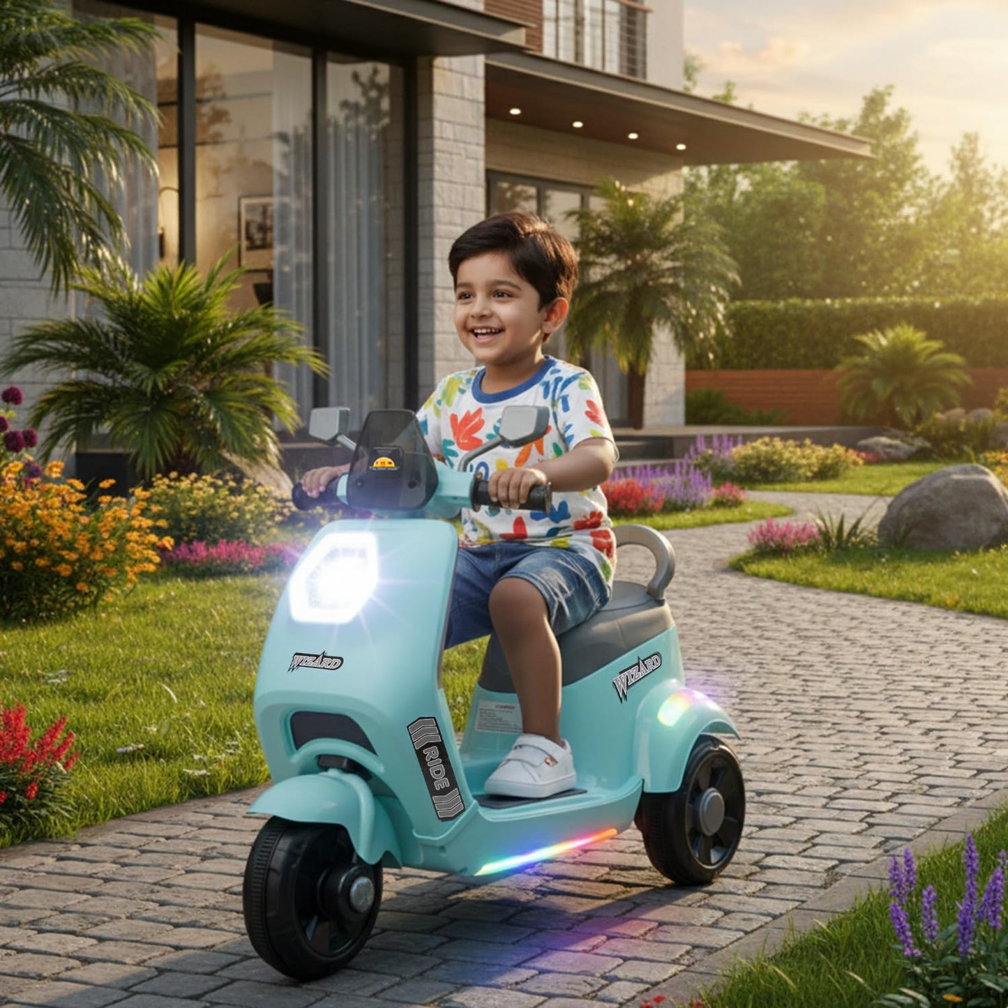 Toyzone Wizard Electric Scooty | Rechargeable Scooty 6V | Powered by 6.5 ah Battery | Music Player with Bluetoooth & USB | 6 Month Warranty on Battery | Make in India | for Kids 2+ Years (Blue)