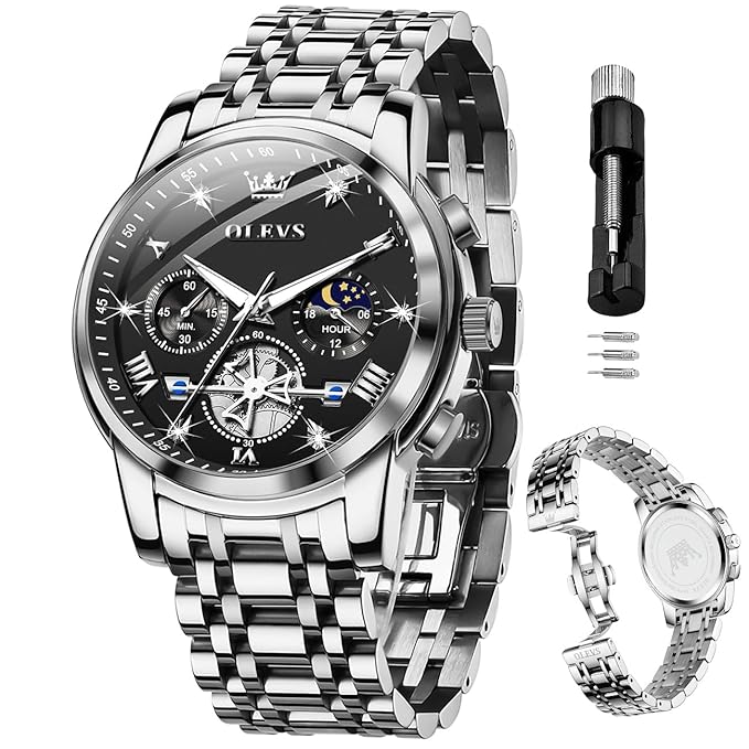 OLEVS Mens Chronograph Watch Gold Silver Stainless Steel Chain Quartz Wrist Watches Business Dress Waterproof Luminous Date Watch