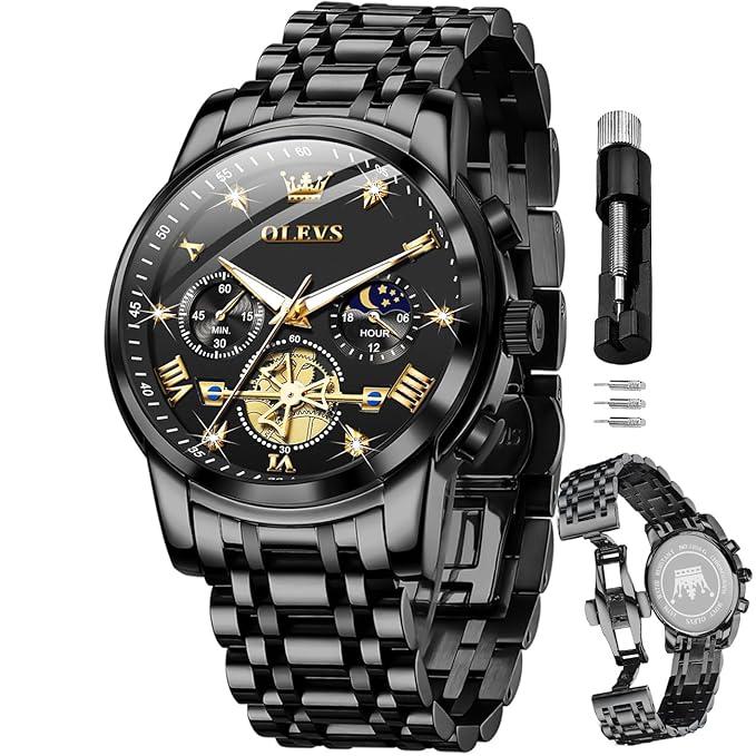 OLEVS Mens Chronograph Watch Gold Silver Stainless Steel Chain Quartz Wrist Watches Business Dress Waterproof Luminous Date Watch