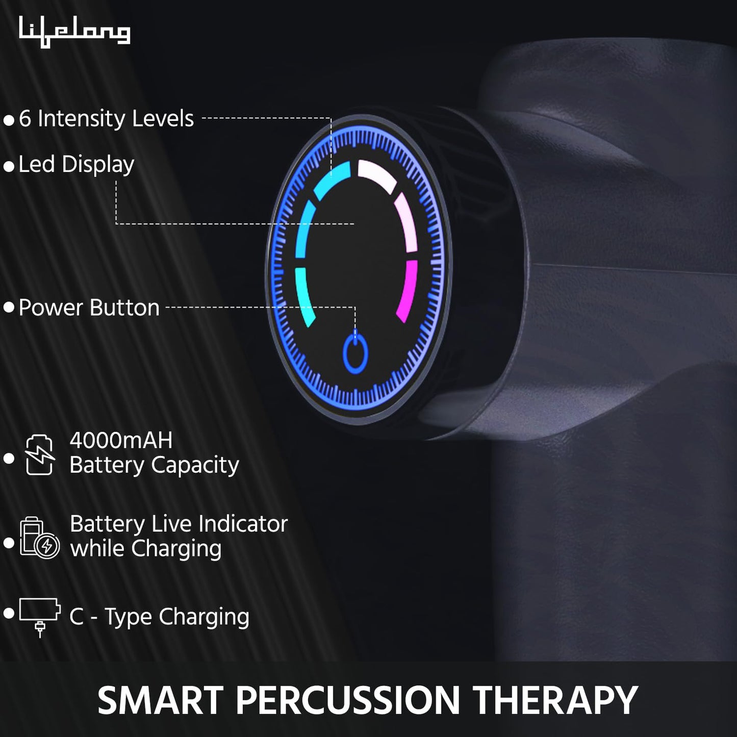 Lifelong Gun Massager for Pain Relief with 4 Heads & LCD Touch Display - Battery Powered - Deep Tissue with 6 Speed Settings for Percussion for Full Body (LLGM171, Black)