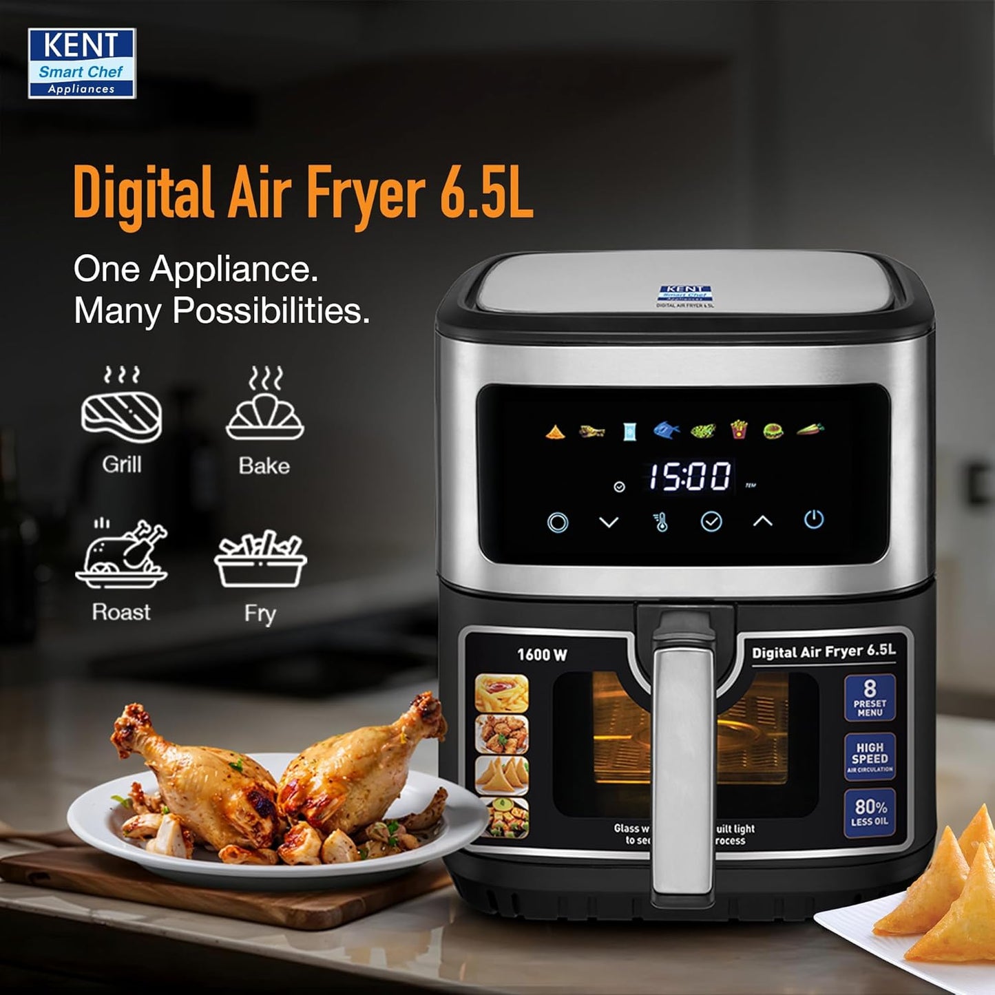KENT Digital Air Fryer 6.5L,1600W,Bake,Grill & Roast,Up To 80% Less Oil Usage,Rapid Heat Circulation,8 Preset Menu,Digital Display & Touch Control Panel,Glass Window With In Built Light,Black