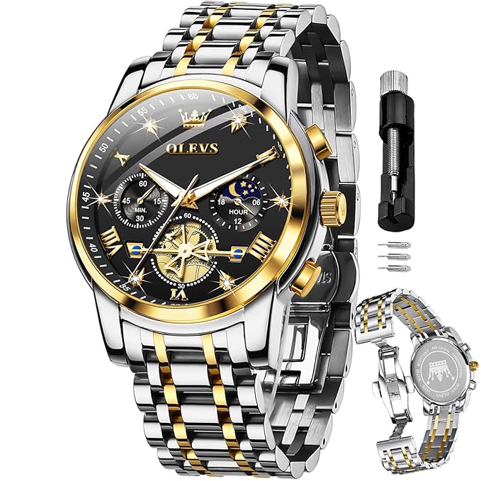 OLEVS Mens Chronograph Watch Gold Silver Stainless Steel Chain Quartz Wrist Watches Business Dress Waterproof Luminous Date Watch