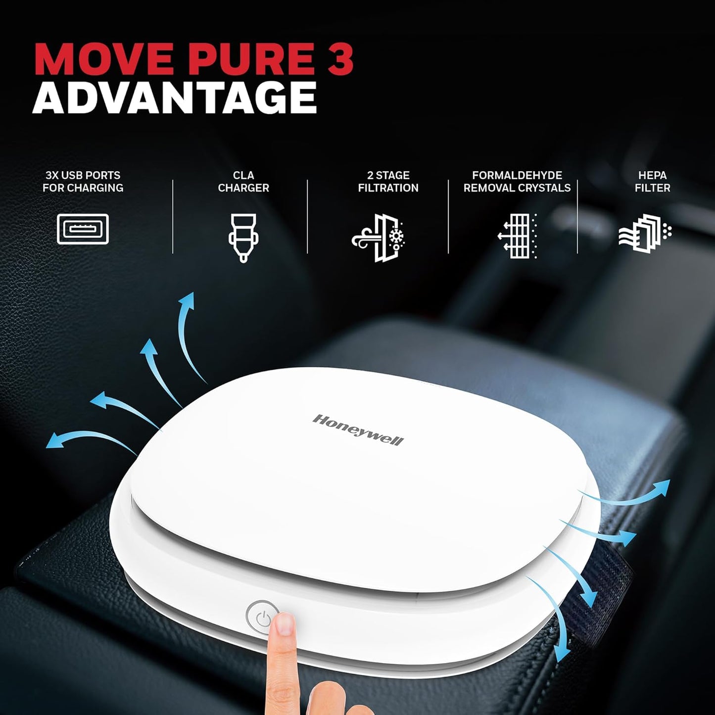Honeywell Move Pure3 Car Air Purifier, Hepa filter & Formaldehyde which removes 99.9% dust & smoke, CADR upto24 m³/h with 3xUSB ports, 2 Years Manufacturer Warranty