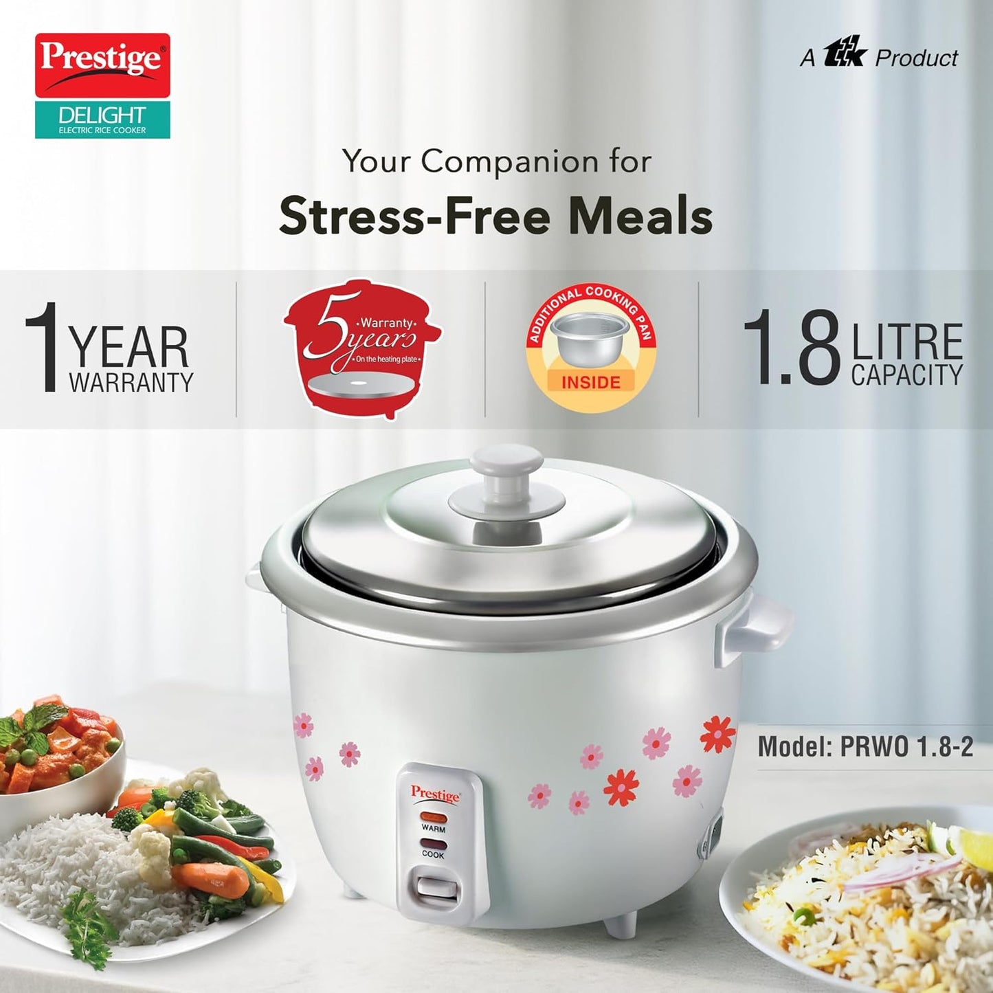 Prestige PRWO 1.8-2 Electric Rice Cooker| 2 Aluminium Cooking Pans | Stainless Steel Lid | Grey/White | Cool Touch Handles | Detachable Power Cord | 700- Watt|1.8 Litres