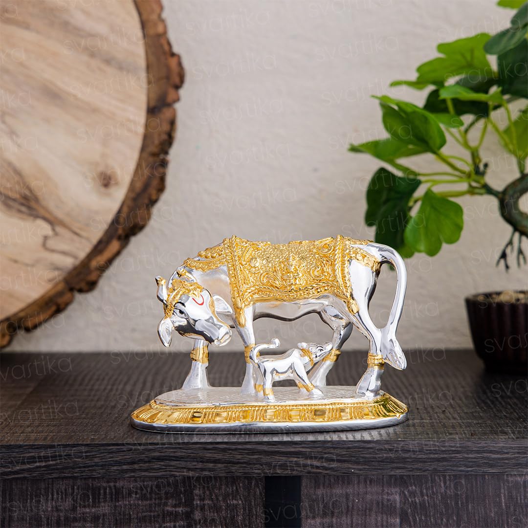 Svastika Vastu Kamdhenu Cow with Calf Idol | 24K Gold & 999 Silver Plated | Excellent Vastu Correction Remedy for Financial Problems | Wedding & Housewarming Gift - Springkart