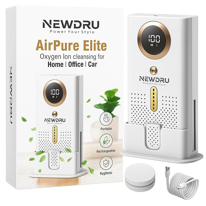 NEWDRU AirPure Elite – Portable Air Purifier Deodorizer | Removes Odours in Car, Fridge, Home & Office | Negative Ion Fresh Air Technology | USB Rechargeable | Compact & Silent | White