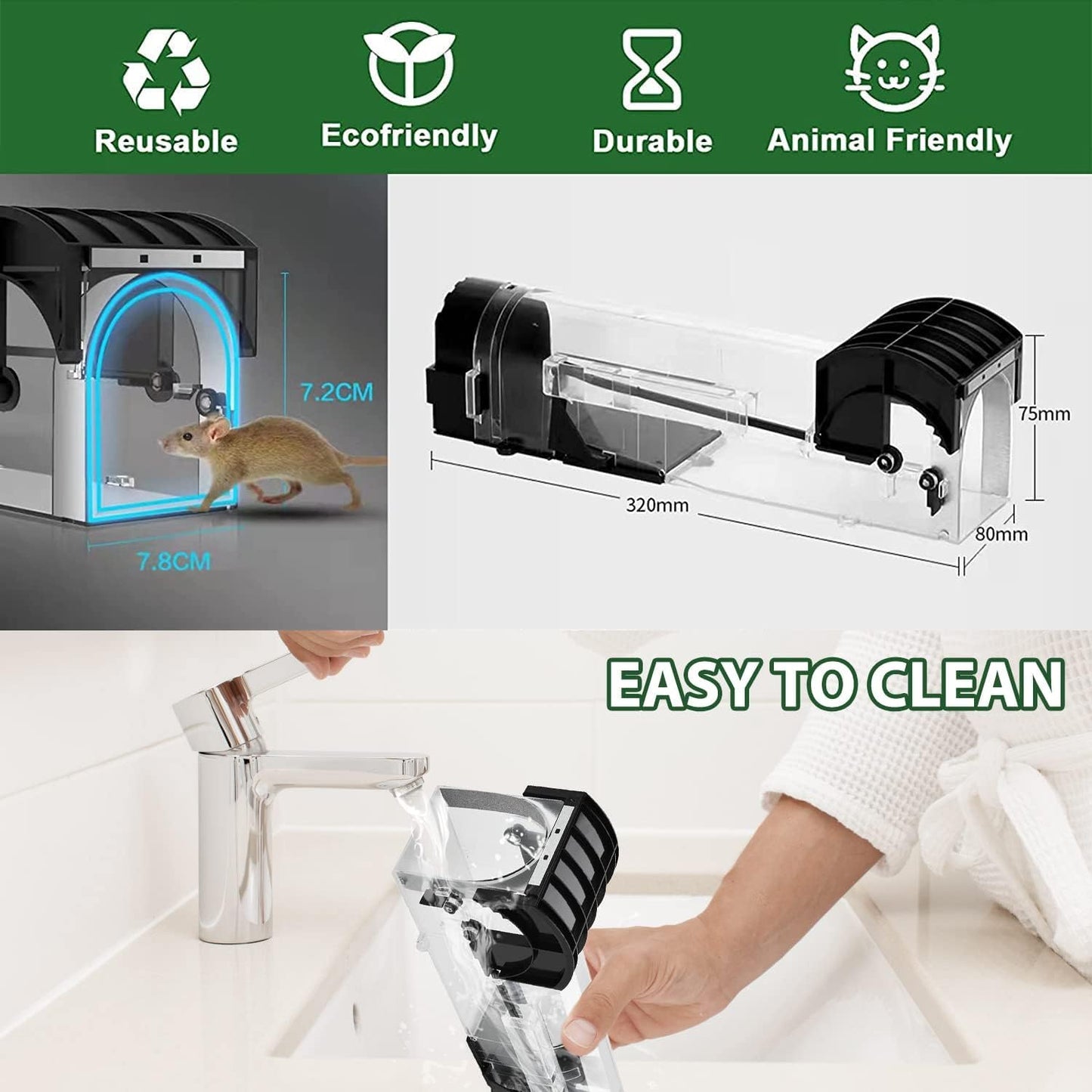 BAREPEPE Smart Rat Catcher Trap for Home Mouse Trap Cage for House Garden Patio Rat Trapper for Mice Rodent Reusable - Black - Springkart