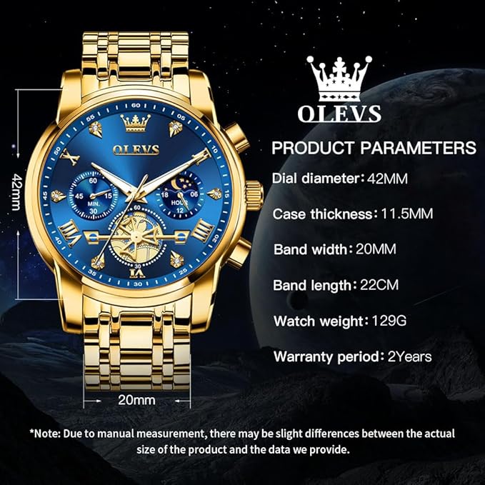 Buy OLEVS Mens Chronograph Watches Gold Stainless Steel Chain Quartz Wrist Watches Business Dress Waterproof Luminous Date Watch at Amazon.in