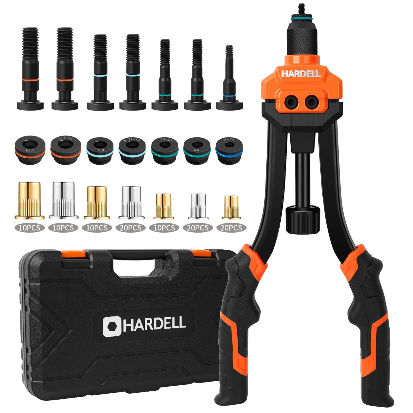 HARDELL Rivet Nuts Tool, 14" Hand Rivet Tool Kits with 100Pcs Rivet Nuts and 7 Metric & Inch Mandrels M6 M8 M10, 1/4-20, 5/16-18, 3/8-16, 10-24 and Rugged Carrying Case - Springkart