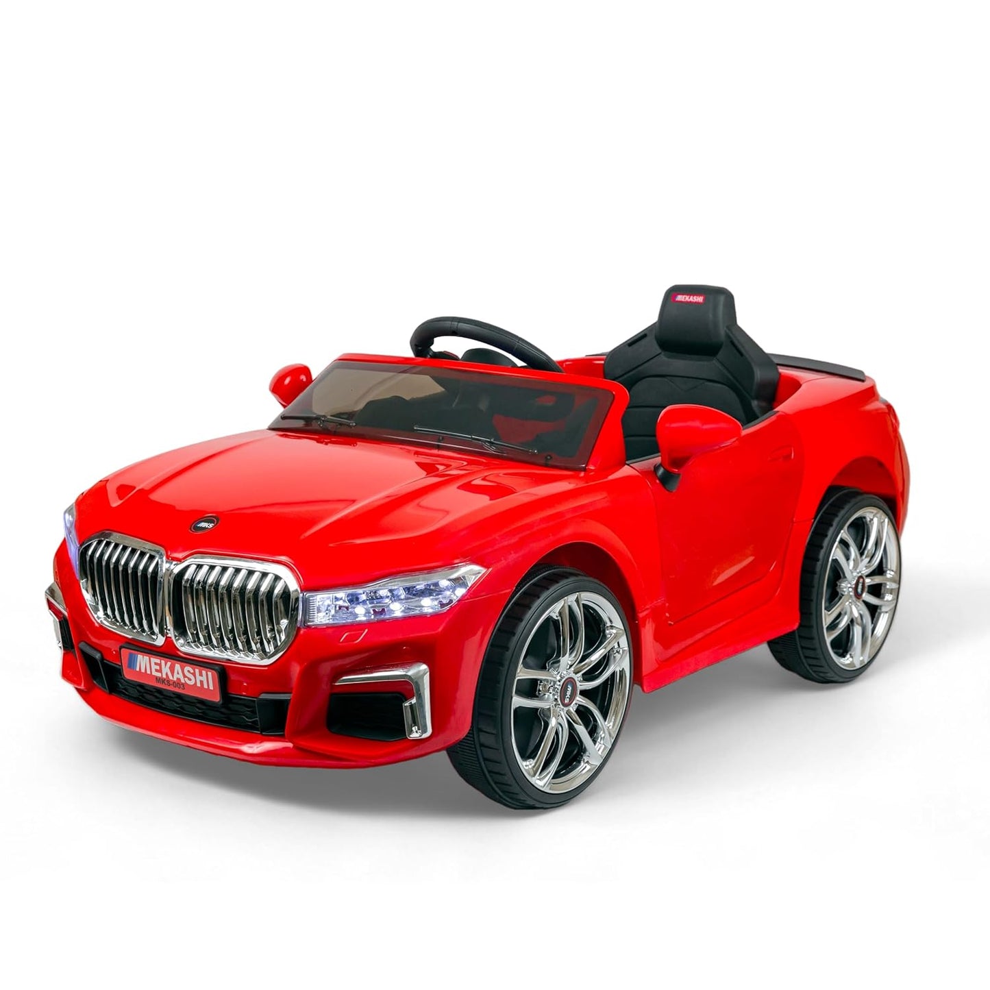 MEKASHI Electric Ride on Car for Kids, Parental Remote, 12V Rechargeable Battery, 3 Speed, LED Lights, Music, Bluetooth, 1 to 7 Years, Swing Function, Long Wheelbase, ISI Mark, MKS003-Red
