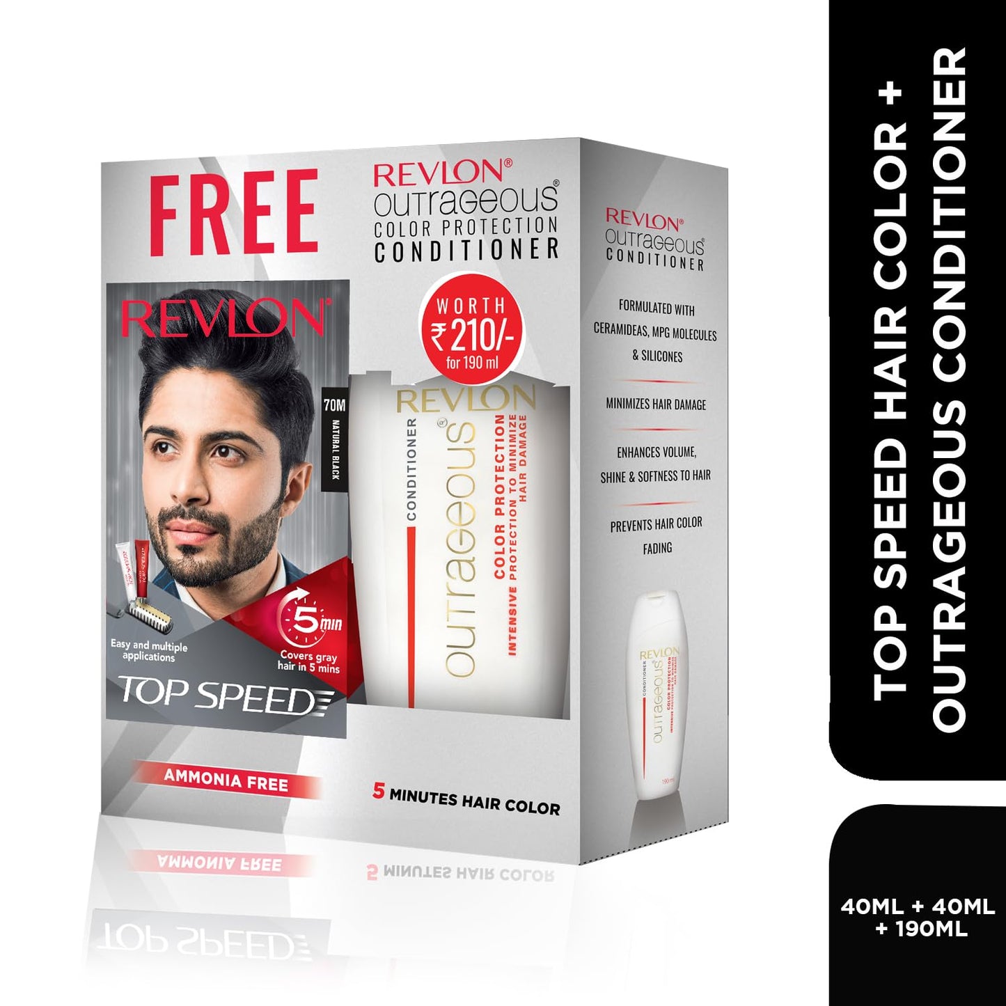 Revlon Top Speed Hair Color for Men Natural Black with Outrageous Conditioner 190ml | 100% Grey Coverage in 5 Minutes | Prevent Fading, add Volume, Softness & Shine to Hair