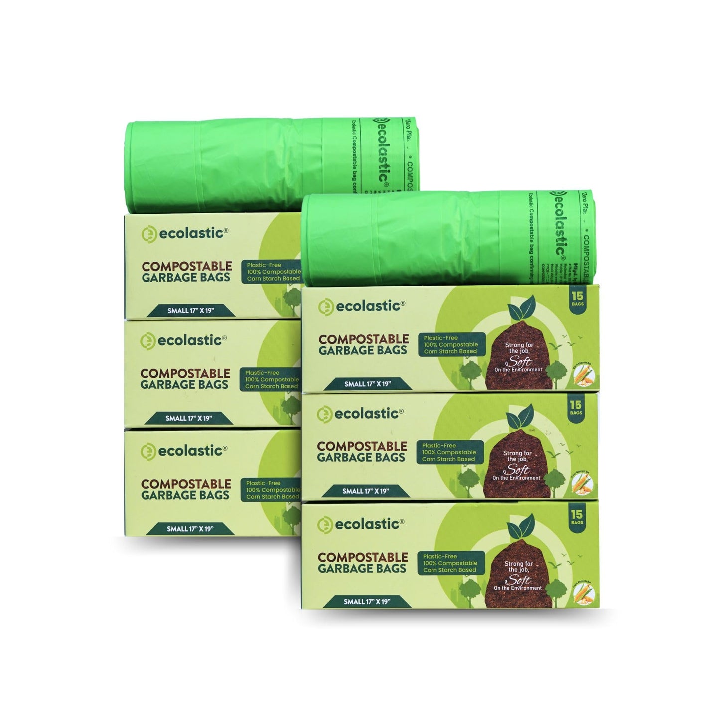 Ecolastic 100% Compostable & Eco-friendly Garbage Bags I SMALL (17 x 19 in.) I 75 bags I Pack of 5 I Capacity 20L I Green Colour