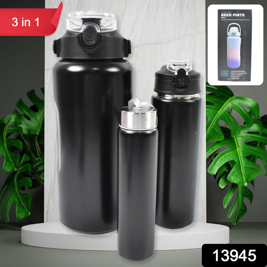 3 In 1 Stainless Steel Insulated Water Bottle, Double Wall Vacuum (3 Pcs Set / Different Size) - Springkart