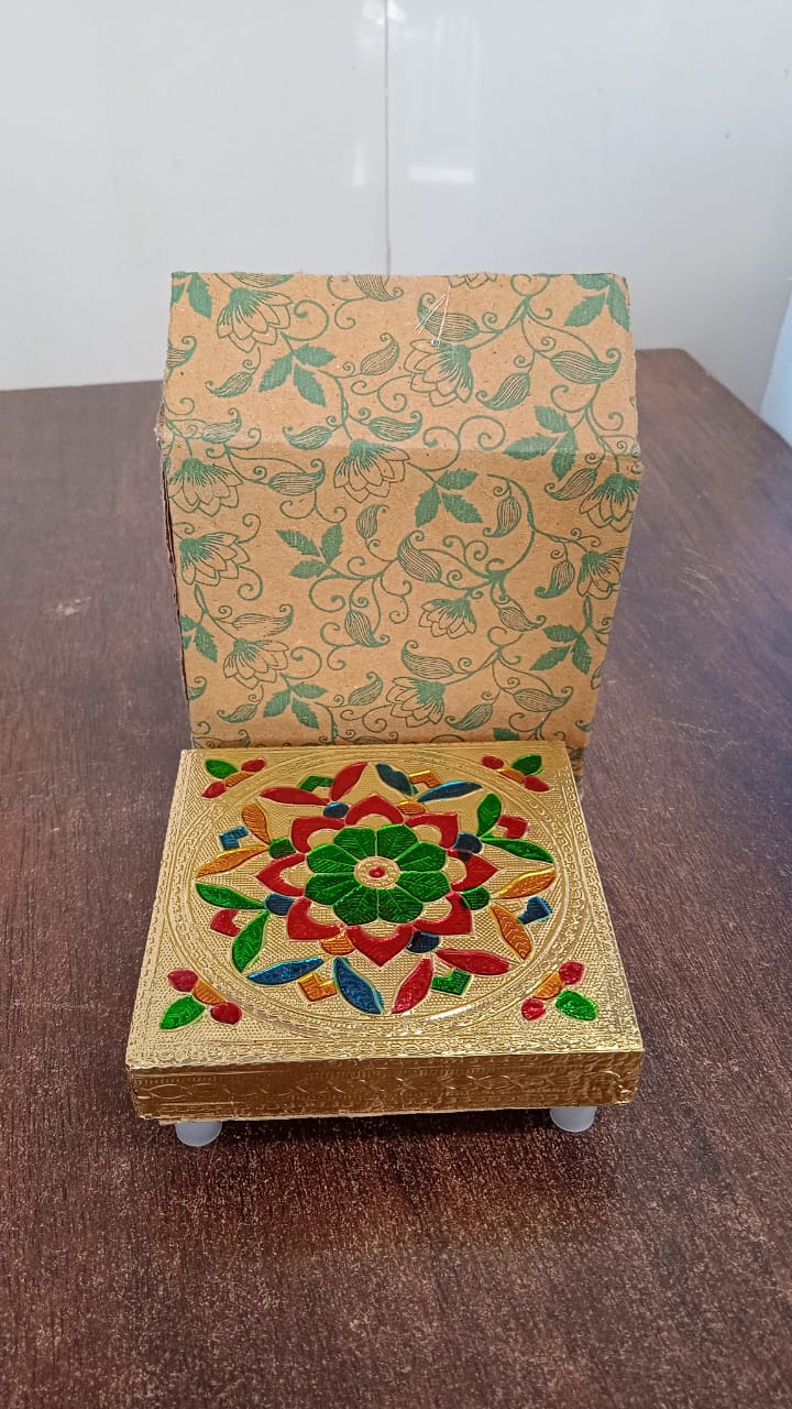 Handicraft Wood Chowki for Pooja , Wooden Bajot for Sitting, Multipurpose Stool (Multi color) (1 Pc) - Springkart