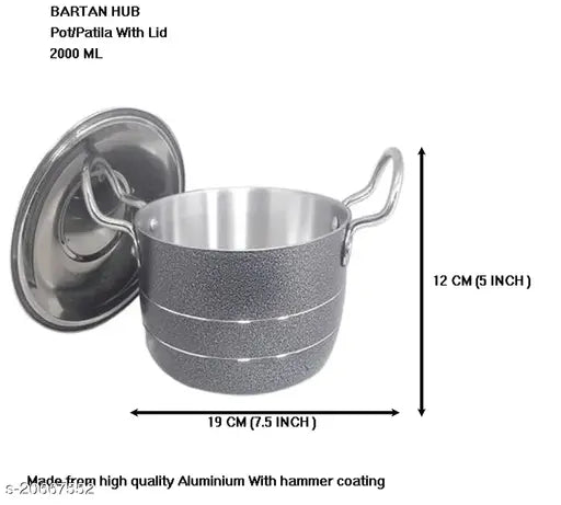 Bartan Hub Pot/Patila/Bhagona Set With Lid (2000 ML , Aluminium Made , Dishwasher Safe )