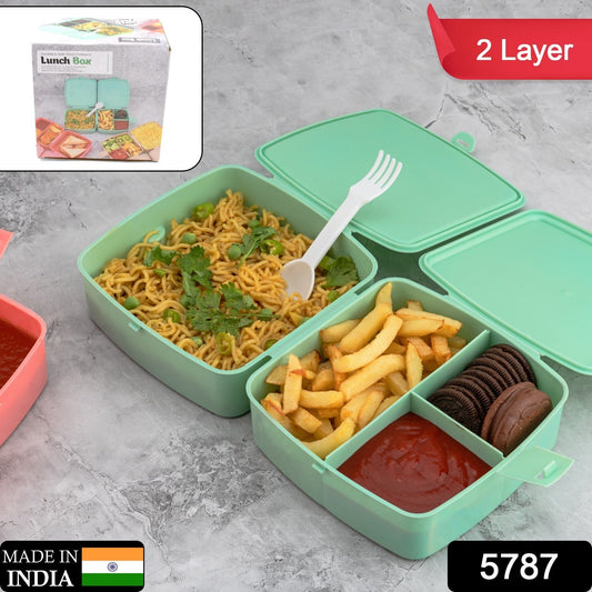 Double-Layer Square Lunch Box with Spoon , 4 Compartment Tiffin & Push Lock , Plastic Tiffin Box for Travelling, School Kids & Office Exclusive, Home - Springkart