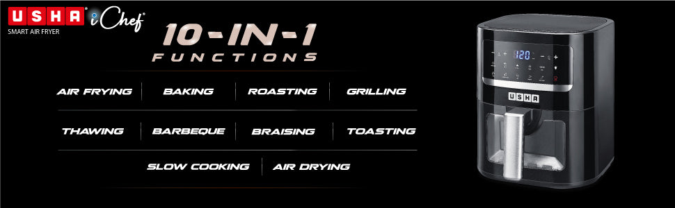 USHA Ichef Smart Air Fryer 4.5L,10 In 1 Functions10 Preset Menu|Digital Display&Touch Panel|Transparent Window|Illuminated Chamber|Turbo Air Circulation|Oil Free Cooking|Auto Pause/Start(Black),1350W : Home & Kitchen