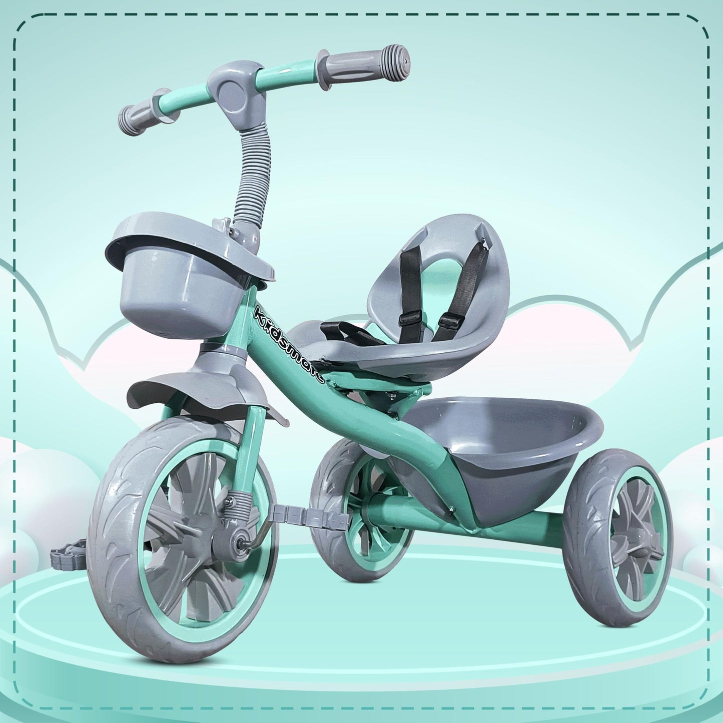 Kidsmate Junior Tricycle for Kids with Parental Control | Cycle for Kids 1-4 Years | Baby Cycle | Bicycle for Kids with Storage Basket, Cushion Seat and Seat Belt Carrying Capacity 30 Kgs (Pink) - Springkart