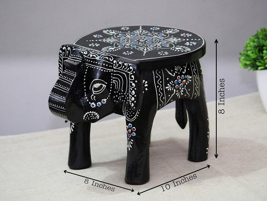 JH Gallery Handcrafted and Emboss Painted Colorful Wooden Elephant Shape Stool Table (8 Inches Height, Black)