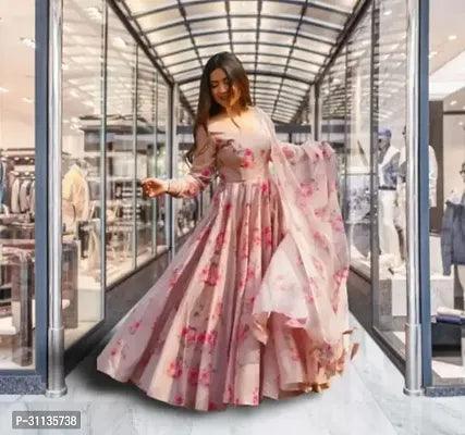 Beautiful Georgette Peach Printed Gown With Dupatta For Women - Springkart