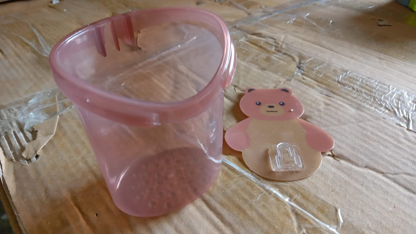 Multipurpose Wall Mount Toothbrush Holder Plastic Stand for Toothpaste, Comb, Brush, Cream, Lotion Kids Bathroom Cup Drain Waterproof Self-Adhesive, Teddy Bear - Springkart