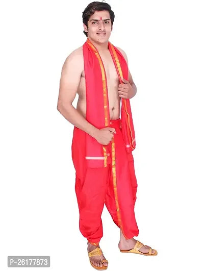 KALAPURI Unstiched Red Color Dhoti Angavastram Set With Golden Jari Border