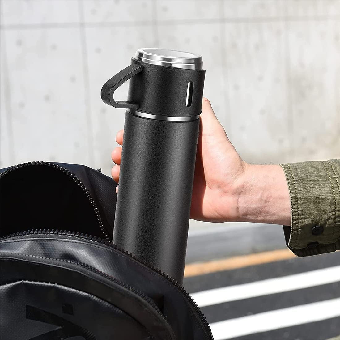 Stainless Steel Vacuum Flask Set with 3 Steel Cups Combo for Coffee Hot Drink and Cold Water Flask Ideal Gifting Travel Friendly Latest Flask Bottle. (500ml) - Springkart
