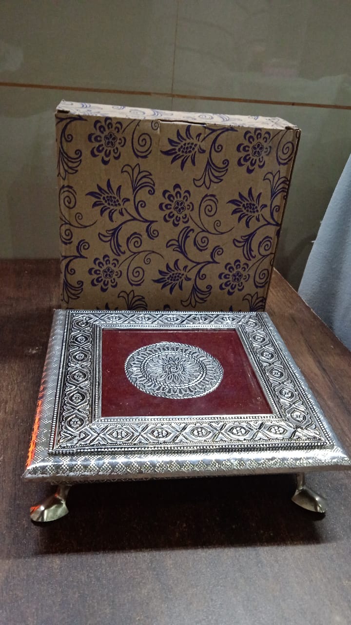 Silver - Square Pooja Chowki Patla / Bajot (20×20 CM / 1 Pc) - Springkart