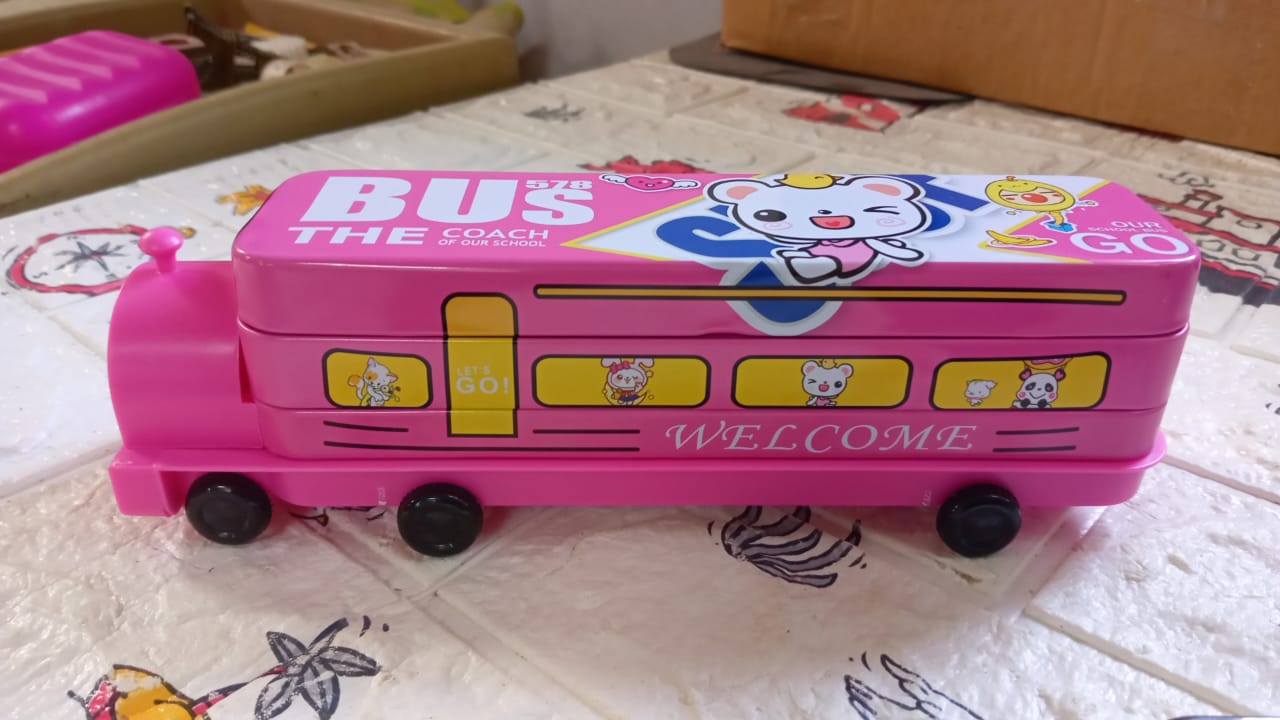 Double Decker Magic Bus Compass 2 Layer Metal Bus Compass Case with Movable Wheels & Sharpener Bus Shape with Tiers Metal Box for Kids Birthday Party - Springkart