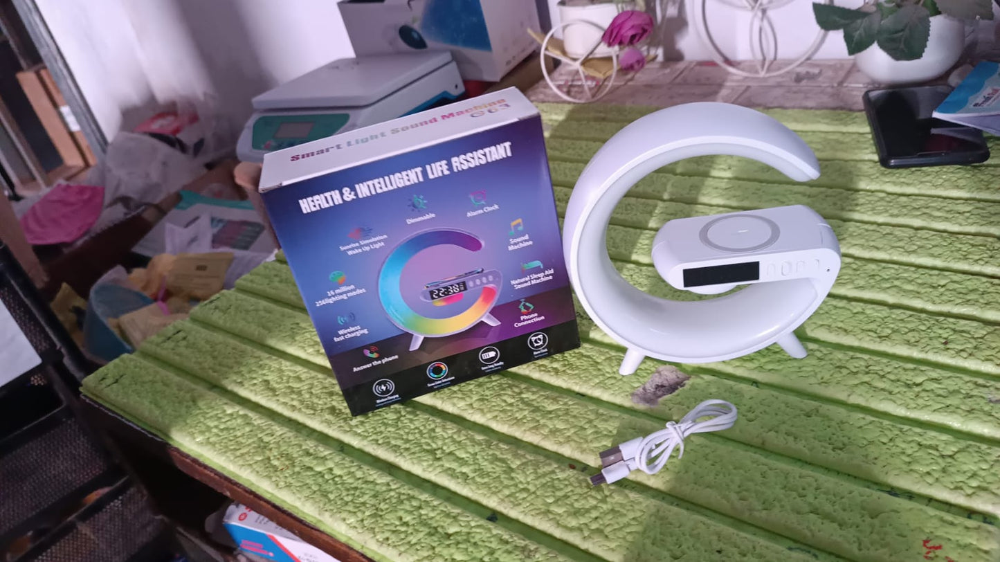 Smart Alarm Clock with G-Shape RGB Light Bluetooth Speaker, Wireless Charging (1 Pc) - Springkart