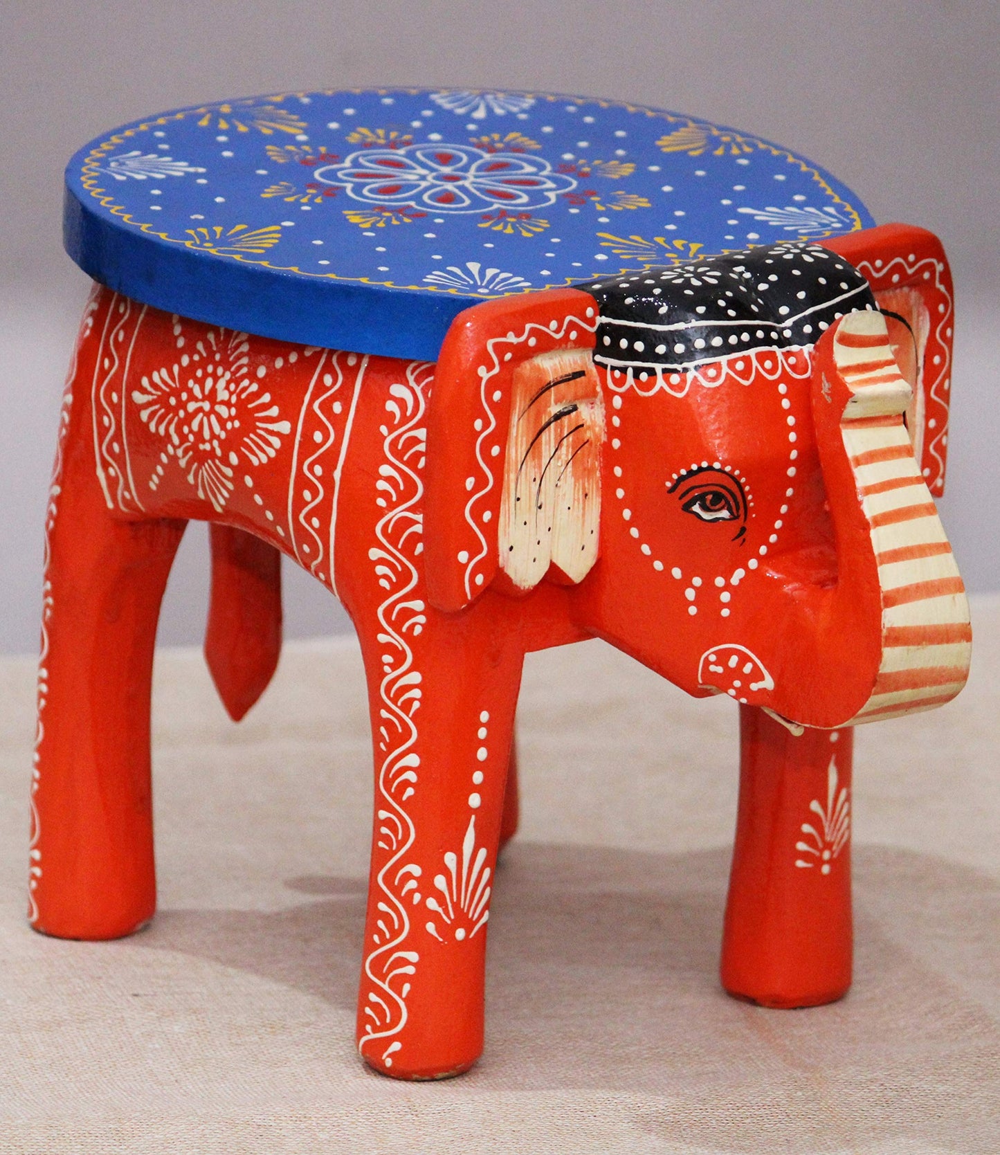 JH Gallery Handcrafted and Emboss Painted Colorful Wooden Elephant Shape Stool Table (8 Inches Height, Black)