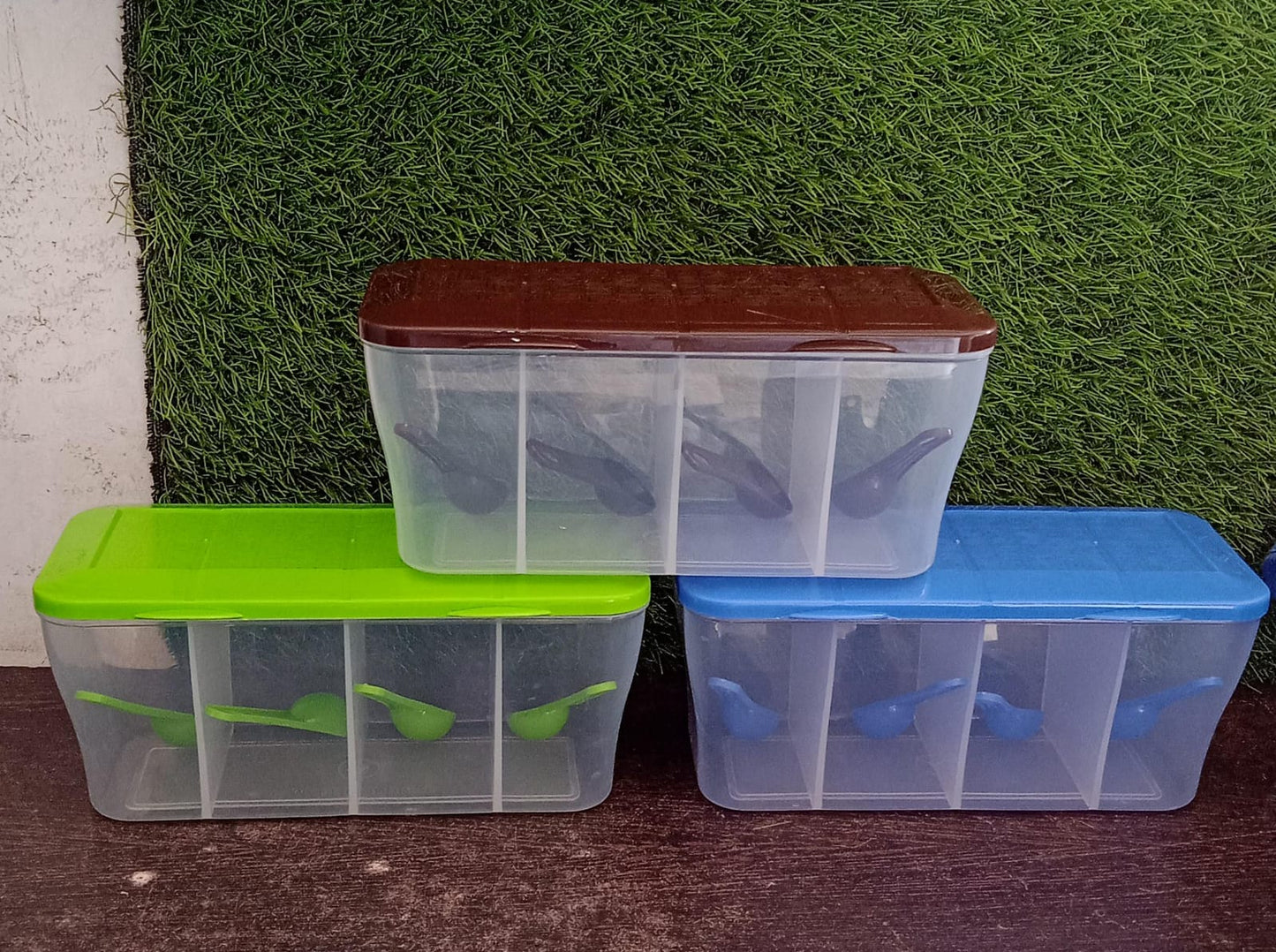 Kitchen Multipurpose Air-tight 4 Sections Storage Containers / Pickle (Achar) Jar with 4 spoon for each section (1 Pc / Mix Color) - Springkart
