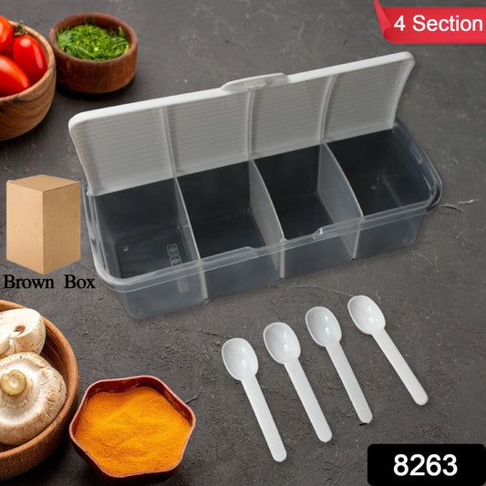 Kitchen Multipurpose Air-tight 4 Sections Storage Containers / Masala BoxĀ Pickle (Achar) Jar with 4 spoon for each section (1 Pc / Mix Color) - Springkart