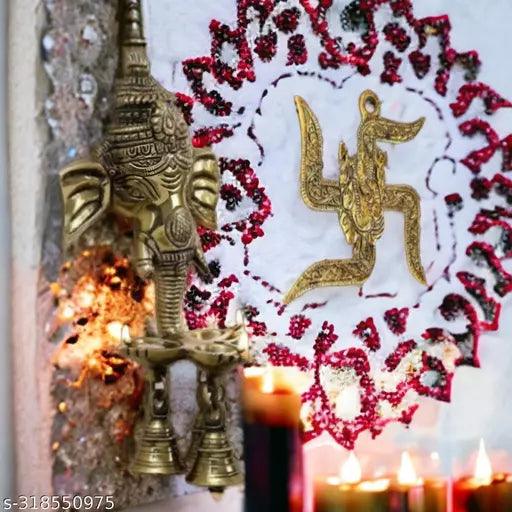 Wall Mounted Lord Ganesha Diya and Bells Oxidized White Metal Handcrafted Golden Sculpture Wall - Springkart